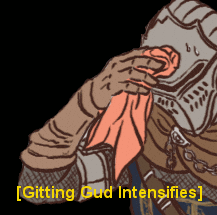 Animated drawing of an armoured knight wiping his face with a cloth, captioned Gitting Gud Intensifies